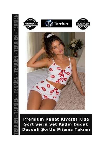 Terrien Premium Rahat Kıyafet Kısa Şort Serin Set Kadın Dudak Desenli Şortlu Pijama Takımı Beyaz