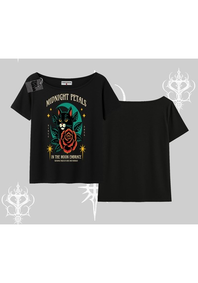 Tarzsokak Midnight Petals Kedi Baskılı Kayık Yaka Tshirt Siyah