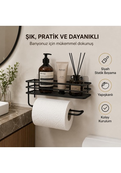 Yapışkanlı Siyah Raflı Solo Havlu Askısı, Delmeden Montaj Banyo Ve Mutfak Duvar Tipi Havluluk Organizer
