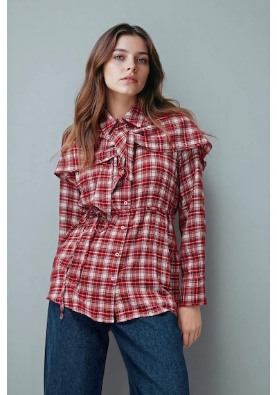 Defacto Regular Fit Kareli Gofre Dokulu Uzun Kollu Tunik G8348ax26sprd117 Kırmızı-rd117