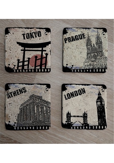 Siyah Beyaz Londra Atina Tokyo Prag Doğal Taş Bardak Altlığı 4'lü Set - Natural Stone Coasters - Taş Beyaz - Siyah