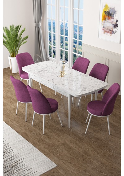 Canisa Zen Serisi 80x132 Mdf Açılabilir Beyaz Mermer Desen Masa Takımı Ve 6 Mor Sandalye Masa Beyaz Mermer Desenli Sandalyeler Mor Canisa Zen Serisi 80x132 Mdf Açılabilir Beyaz Mermer Desen Masa Takımı Ve 6 Mor Sandalye Masa Beyaz Mermer Desenli Sandalyeler Mor