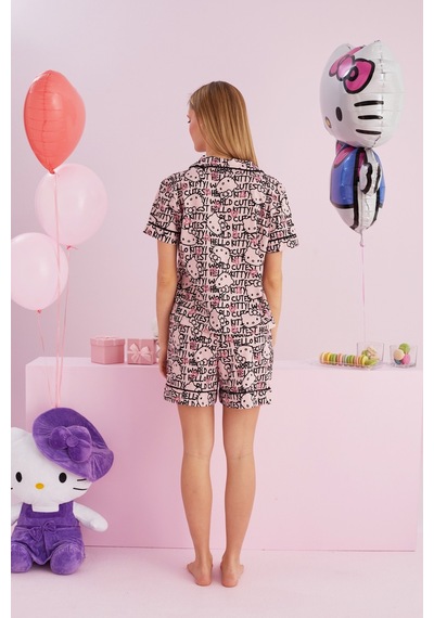 Siyah İnci Lisanslı %100 Pamuk Çok Renkli Düğmeli Biyeli Şort Pijama Takım Hk157 Pembe