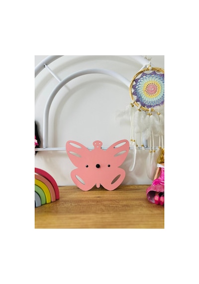 Kelebek Pilli Aplik Pembe Ahşap
