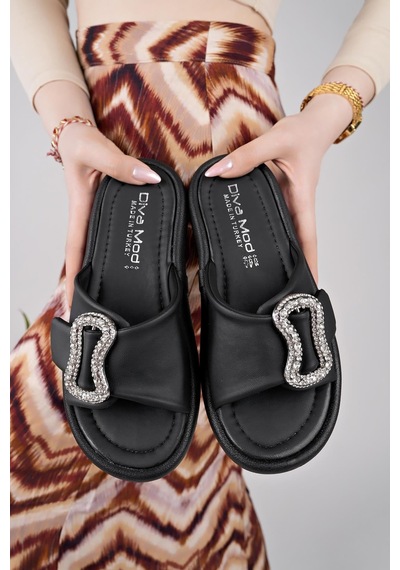 Nesilshoes Nesil Shoes Dvm 033 Siyah Masaj Tabanlı Tokalı Kadın Terlik