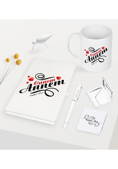 Kişiye Özel Canım Annem Beyaz Defter Kalem Kupa Ayna Seti - 14