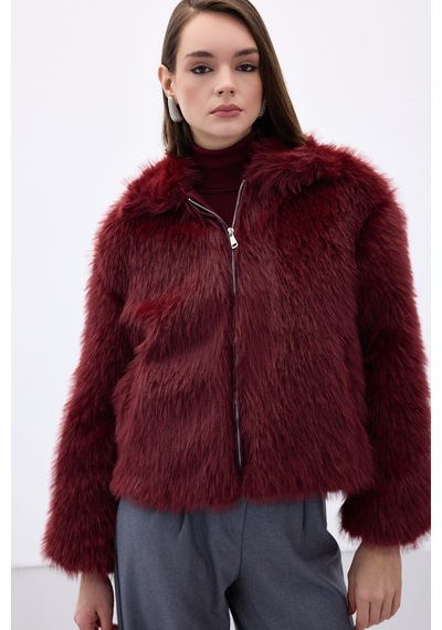 Sateen Fermuarlı Kürk - Bordo-136673 Bordo
