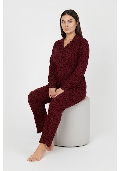 Bravie Luxury Soft Bordo Leopar Desenli Uzun Kollu Kadın Pijama Takımı Büyük Beden 3002 Bordo