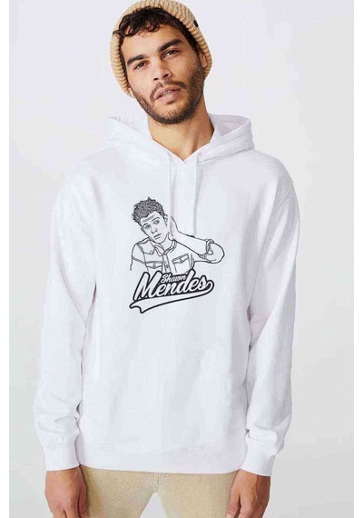 Shawn Mendes Hair Baskılı Beyaz Erkek Örme Kapşonlu Sweatshirt