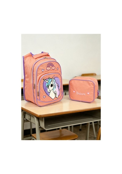 Kız Çocuk Karakter Nakışlı Ortopedik Okul Sırt Çantası Ve Beslenme Çantası Seti Pembe Pembe