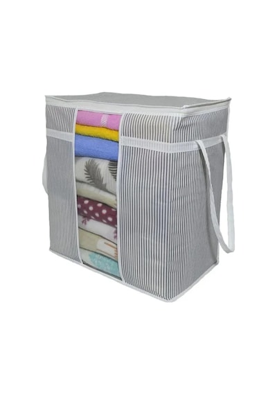 Pencereli Saklama Çantası Çizgili Çok Amaçlı 50x45x30 Cm Gri-beyaz
