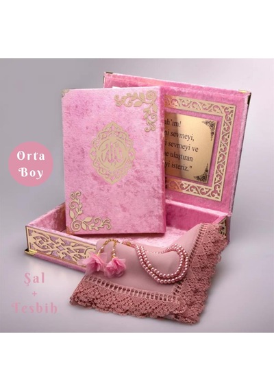 Şal + Tesbih + Kuran Hediye Seti Orta Boy, Şemslafzatullah, Gold Pleksi, Raşel Kutu, Bebe Pembe