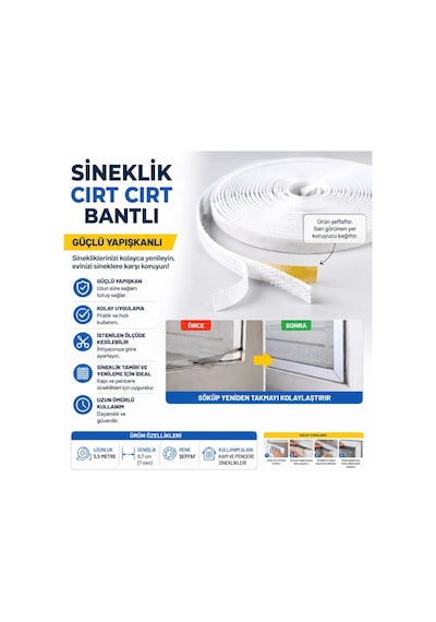 Pratik Cırt Bantlı Pencere Sinekliği 75x125 Cm Deliksiz Montaj Tek Kanat Beyaz Sineklik