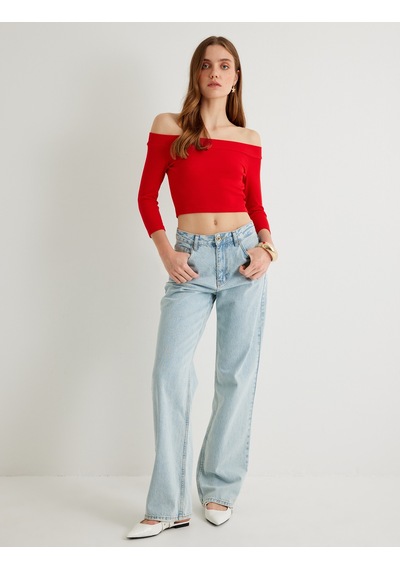 Koton Omzu Açık Crop Tişört Dirsek Boy Kol Pamuklu Slim Fit Kırmızı 4sak50021pk Kırmızı
