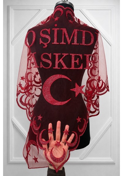 Azra Kına Kırmızı Simli O Şimdi Asker Yazılı, Asker, Sağdıç Kına Omuz Örtüsü, Kına Örtüsü, Asker Örtüsü Şalı, Söz Nişan Düğün Asker Kına Örtüsü