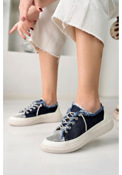 Craft Moda Neva Taşlı Düz Taban Kadın Kot Sneakers Lacivert