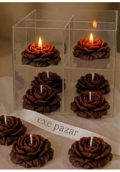 Exe Pazar Dekoratif Lavanta Kokulu Şakayık Çiçeği Mumu 5adet -hediyelik Nikah Söz Konsept Kahverengi
