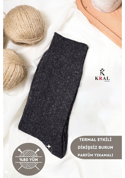 Kral Socks Dikişsiz Tasarım Lambswool Yünlü Kışlık Erkek Çorap Siyah