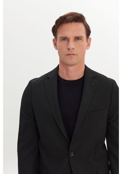 Ac&co Erkek Sıyah Slim Fit Dar Kesim Mono Yaka Gofre Desenli Takım Elbise Siyah
