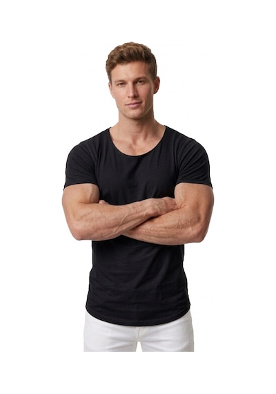 Deepsea Erkek Siyah Geniş Yaka Likralı Tişört Oval Yaka Slim Fit Eteği Oval Açık Yaka T-shirt 1801199 Siyah