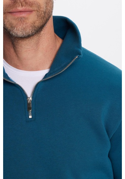 Tudors Unisex Relax Fit Rahat Kesim Pamuklu İçi Polarlı Yarım Fermuarlı İndigo Dik Yaka Sweatshirt-31449 Indıgo İndigo
