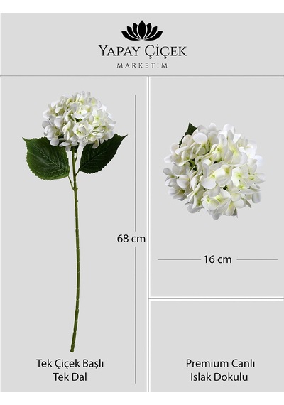 Beyaz Yapay Ortanca Çiçeği Tek Dal Premium Canlı Islak Dokulu 68 Cm