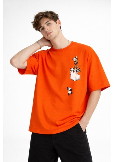 Misa Tahtakale Panda - Baskılı Oversize Tişört Turuncu Çok Renkli