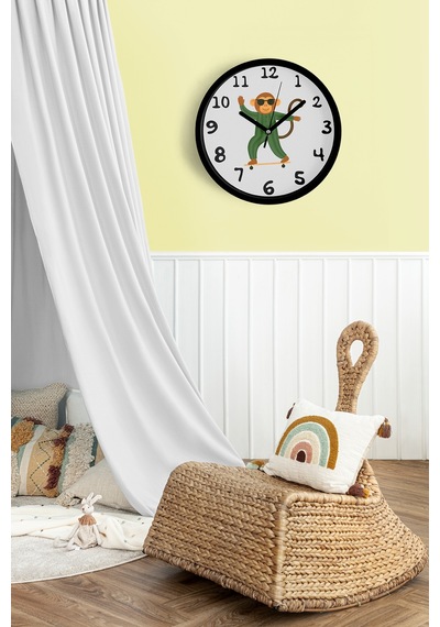 Güneş Gözlüklü Kaykay Yapan Sevimli Maymun Çocuk Odası Modern Duvar Saati - 25cm - Önü Camlı-jh0212 Siyah