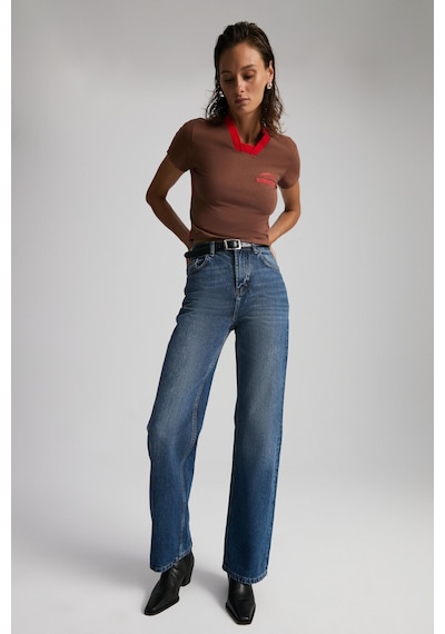 ETHIQUET ARIANWEN Kadın %100 Pamuk Dekoratif triko Yakalı Nakışlı Crop Kısa Kollu Kahverengi T-Shirt