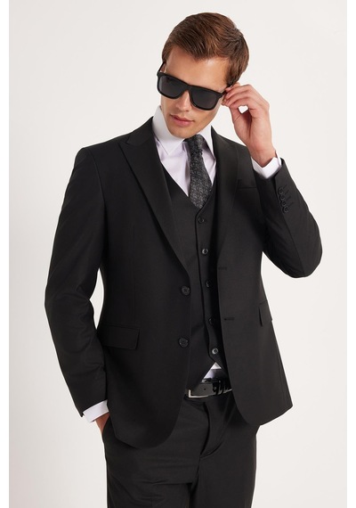 Tudors Erkek Slim Fit Siyah Esnek Likralı Kumaş Sivri Yaka Yelekli Takım Elbise-33907 Siyah