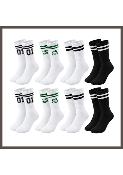 Bezos Unisex Çorap Çizgili 8'li Set 07 Good Vibes Yazılı Siyah Beyaz Uzun Soket Spor Kolej Stil Çorap Nxrlvng Çok  Renkli