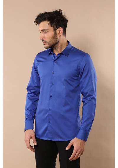 Pamuk Saten Slim Fit Desensiz Mavi Erkek Gömlek 001