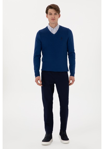 U.S. Polo Assn. Erkek Slim Fit V Yaka İndigo Basic Kazak 50288879-VR028