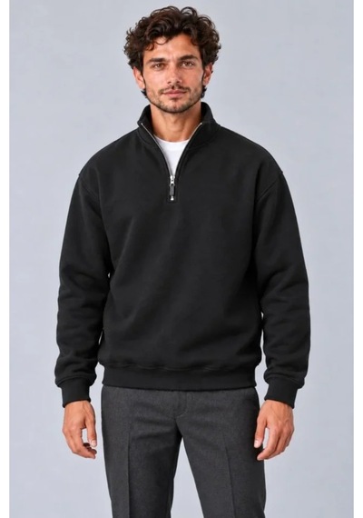 Butik İstanbul Erkek Üç İplik İçi Şardonlu Dik Yaka Yarım Fermuarlı Kışlık Sweatshirt - Siyah