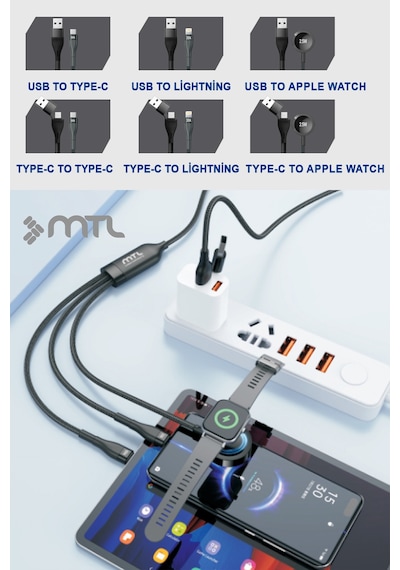 3'ü 1 Arada 100w Pd Hızlı Şarj Kablosu Type-c Lightning Apple Watch Uyumlu Örgülü 1 Metre Mt2516