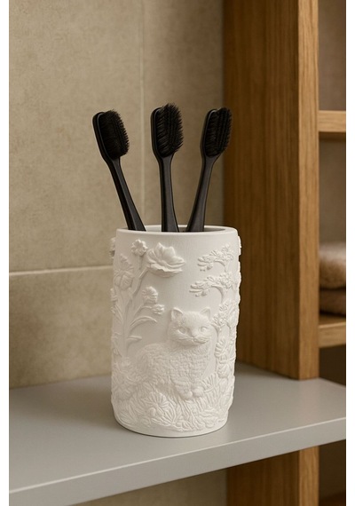 Kabartma Desenli Kedi Figürlü Dekoratif Organizer / Kalemlik / Fırçalık / Mini Saksılık