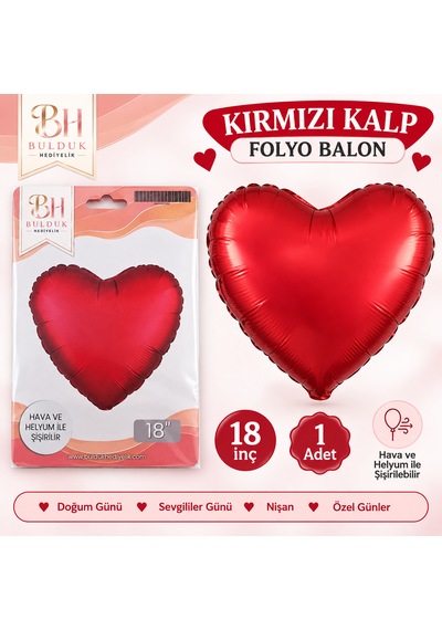 Kırmızı Kalp Folyo Balon 18 İnç Helyum Ve Hava İle Şişirilebilir