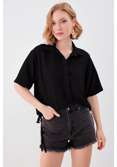 Vitrin Beli Lastikli Tek Cep Crop Gömlek SİYAH
