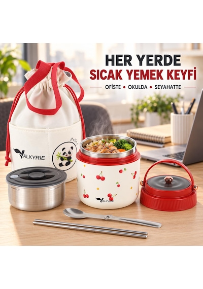 Valkyrie 1200 Ml Yalıtımlı Yemek Termosu Seti Paslanmaz Çelik İç Hazneli Yalıtımlı Taşıma Çantalı Kırmızı