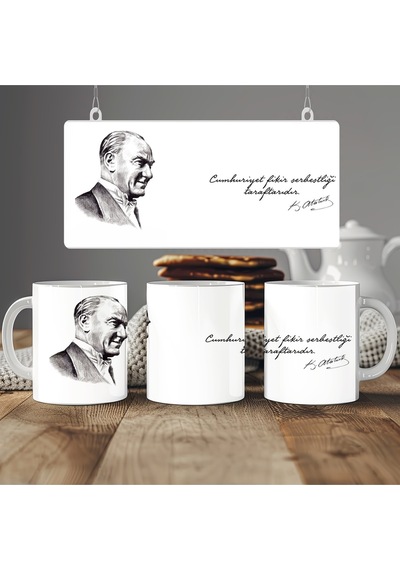 Atatürk Sözleri Ve Resmi Kupa Bardak - Mustafa Kemal İmzalı - '' Cumhuriyet Fikir Serbetliği '' Beyaz