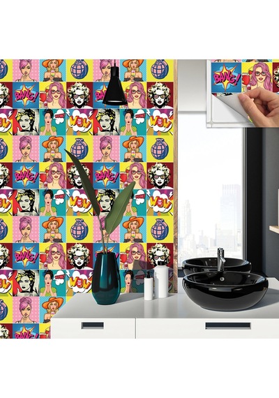 Tink Kendinden Yapışkanlı Karma Popart Desenli Pvc Karo 30x30 Cm