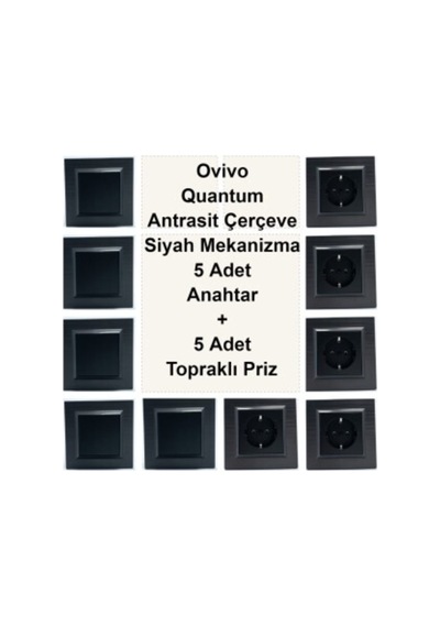 Ovivo Quantum Antrasit Çerçeve Siyah Mekanizma 5 Adet Anahtar + 5 Adet Topraklı Priz