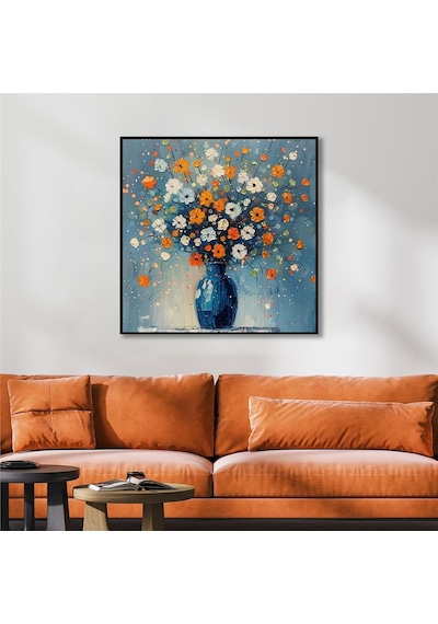 Yağlı Boya Dokulu Tablo Vazoda Renkli Modern Çiçekler Siyah Çerçeveli U02061-178914