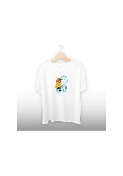 Ayı Smile Detaylı Unisex Tişört Beyaz