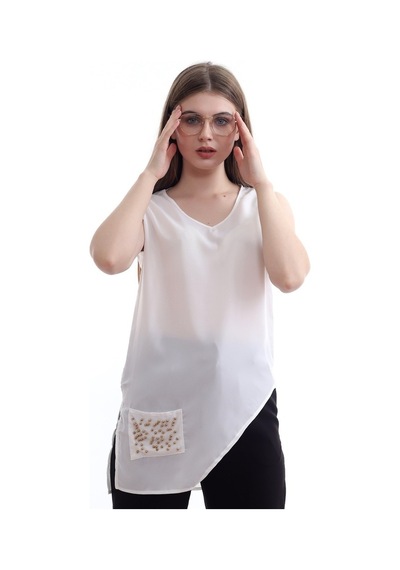 Self Clothing Kadın Beyaz V Yaka Cep Ve Yırtmaç Detaylı Bluz Slf1246-Beyaz