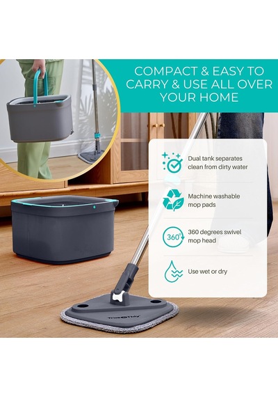 True Clean Paspas Ve Kova Sistemi, Kare Döndürmeli Paspas, Çift Bölmeli Paspas Kovası Ve 2 Kalın Makinede Yıkanabilir Paspas Pedleri Spin Mop İçerir