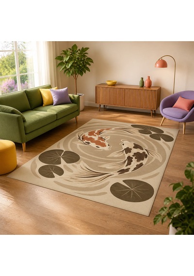 Kartela Halı Koi Balığı Desenli Halı Bej Kaymaz Taban Makinede Yıkanabilir Salon Halısı 120x180 Cm
