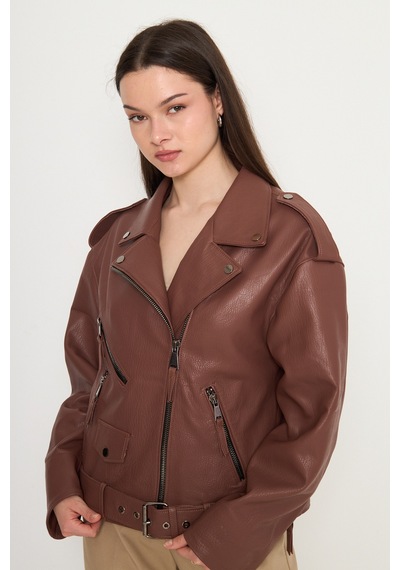 M M Marki Marki Kadın Hakiki Jumbo Deri Ceket Biker Tarz, Kemerli, Oversize, Apoletli, 65 Cm, Kahverengi - 116622x