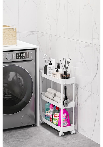 Beyaz 3 Katlı Tekerlekli Dar Düzenleyici Mutfak Ve Banyo Rafı