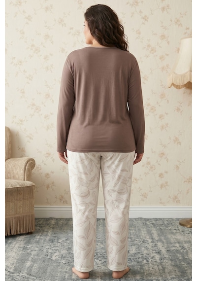 Siyah İnci Desenli Düğmeli Büyük Beden Battal Boy Viskon Örme Pijama Takım 26224807 Vizon